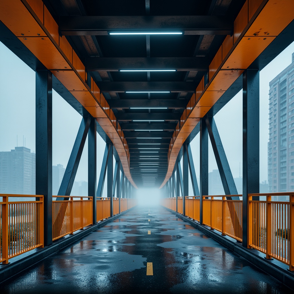 Prompt: Modern urban bridge, sleek metal structure, bold industrial colors, dark grey steel beams, bright orange accents, vibrant yellow safety rails, cool blue LED lighting, misty atmospheric effects, shallow depth of field, 1/1 composition, realistic metallic textures, ambient occlusion.