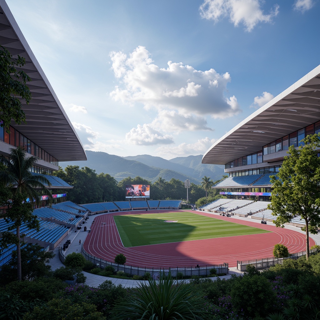 Prompt: Futuristic sports complex, undulating terrain, neon-lit athletic tracks, sleek metallic bleachers, holographic scoreboards, iridescent stadium roofs, glowing accents, vibrant LED lighting, misty atmospheric effects, shallow depth of field, 3/4 composition, panoramic view, realistic textures, ambient occlusion, lush greenery, tropical plants, palm trees, sunny day, warm soft focus, dynamic camera movements.