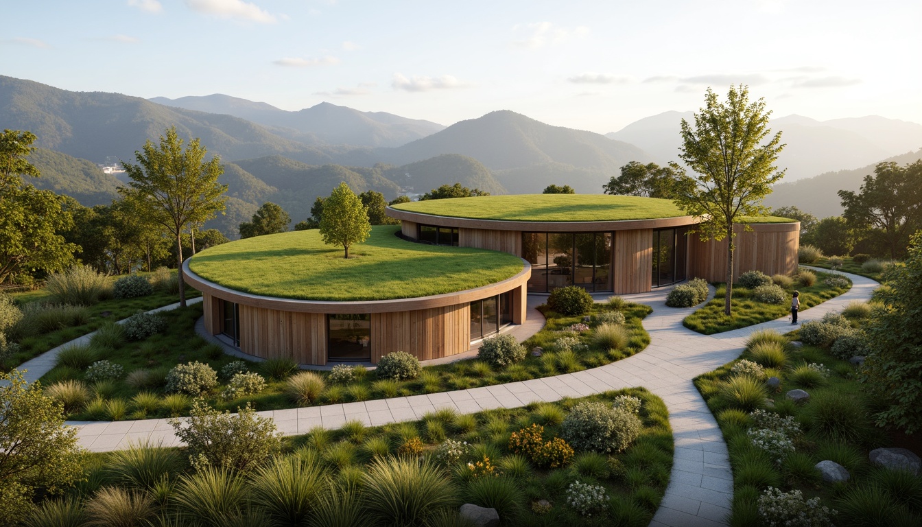 Prompt: Harmonious building facade, lush green roofs, verdant walls, natural stone cladding, wooden accents, large windows, sliding glass doors, minimalist design, seamless indoor-outdoor transition, organic architecture, curved lines, earthy color palette, serene atmosphere, soft warm lighting, shallow depth of field, 3/4 composition, panoramic view, realistic textures, ambient occlusion, surrounding landscape, rolling hills, meandering paths, native plant species, seasonal changes, misty morning, warm sunny day.