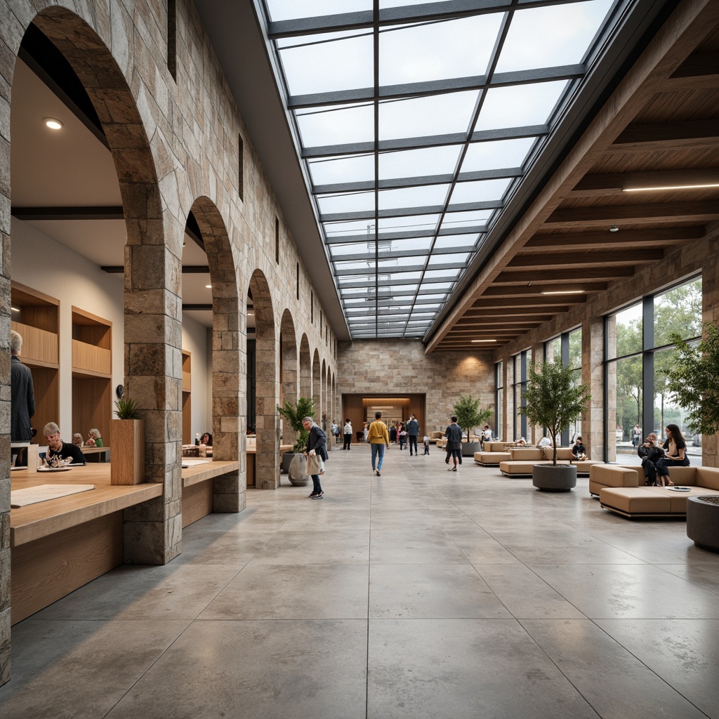 Prompt: Minimalist visitor center, natural stone walls, polished concrete floors, wooden accents, industrial metal beams, large glass windows, transparent roofs, open spaces, simple signage, subtle branding, earthy color palette, soft diffused lighting, shallow depth of field, 1/1 composition, realistic textures, ambient occlusion.