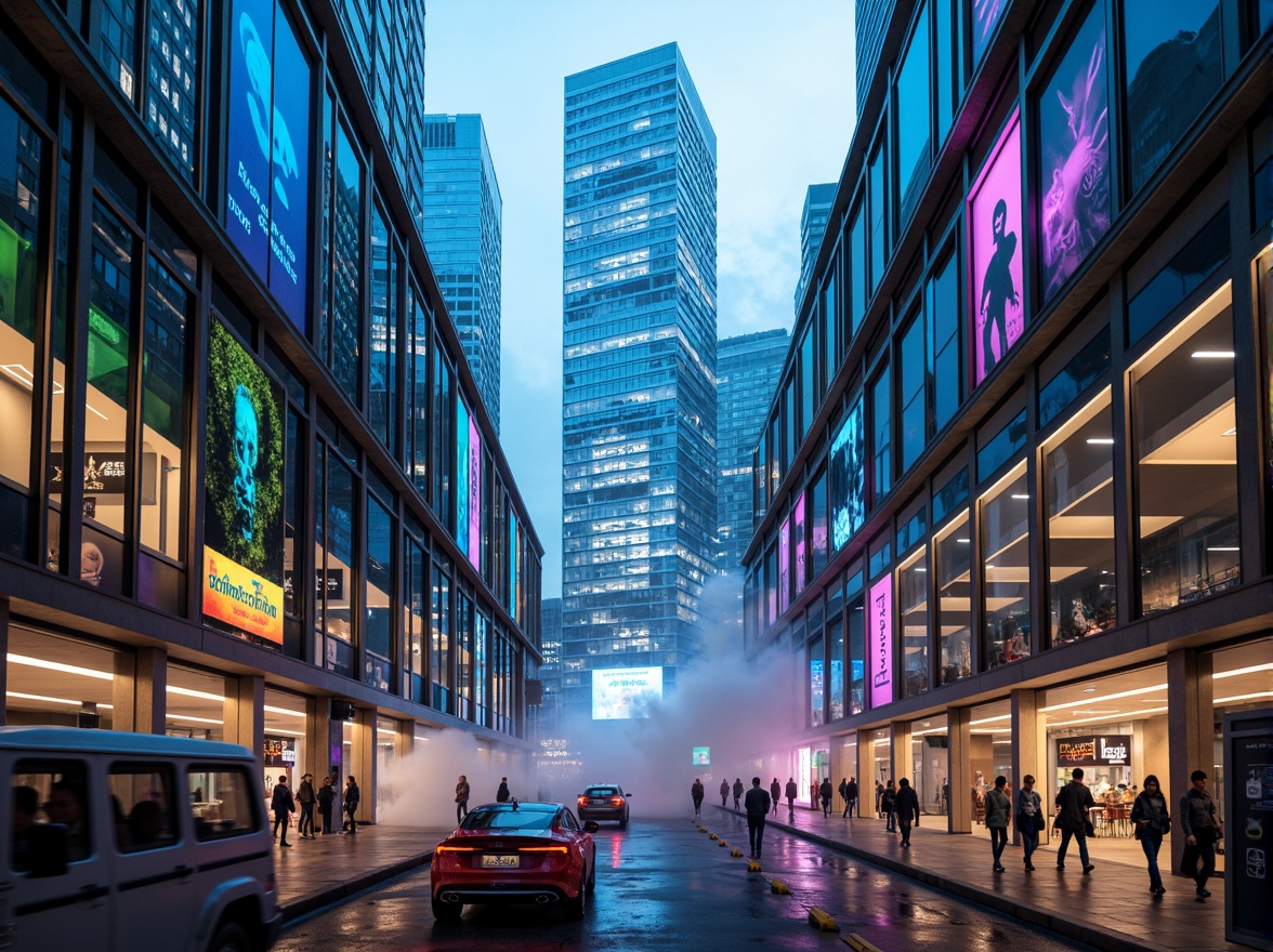 Prompt: Neon-lit skyscrapers, metallic silver accents, iridescent glass facades, holographic advertisements, cyberpunk cityscape, vibrant electric blue hues, neon green highlights, deep purple tones, rose gold details, sleek chrome lines, geometric patterns, futuristic urban landscape, high-tech infrastructure, levitating transportation pods, atmospheric mist, soft glowing ambiance, shallow depth of field, 1/1 composition, cinematic lighting, realistic reflections.