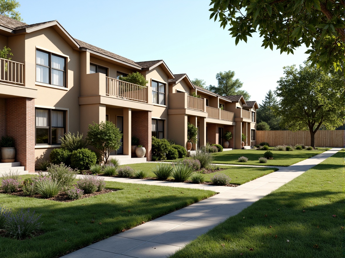 Prompt: Warm beige suburban homes, soft green lawns, blooming flowerbeds, rustic wooden fences, cozy porches, inviting entranceways, earthy brown brick facades, creamy white trim details, sky blue accents, sunny afternoon lighting, gentle shadows, 1/2 composition, natural textures, ambient occlusion.