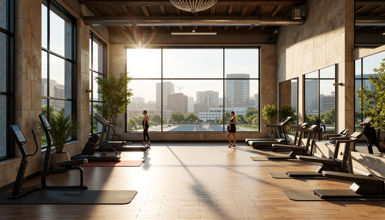 Prompt: Modern fitness studio, large windows, natural stone walls, wooden floors, mirrored surfaces, professional gym equipment, free weights, cardio machines, yoga mats, calm atmosphere, soft warm lighting, shallow depth of field, 3/4 composition, panoramic view, realistic textures, ambient occlusion, urban cityscape, morning sunlight, greenery views, minimalist decor, industrial chic style, exposed ductwork, polished concrete floors.