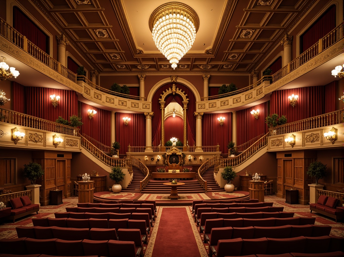 Prompt: Grand auditorium, ornate chandeliers, intricate moldings, luxurious velvet curtains, polished wooden floors, elegant staircases, majestic balconies, ornamental railings, gilded accents, crystal sconces, plush seating areas, richly patterned carpets, dramatic spotlights, warm golden lighting, shallow depth of field, 1/2 composition, symmetrical framing, realistic textures, ambient occlusion.