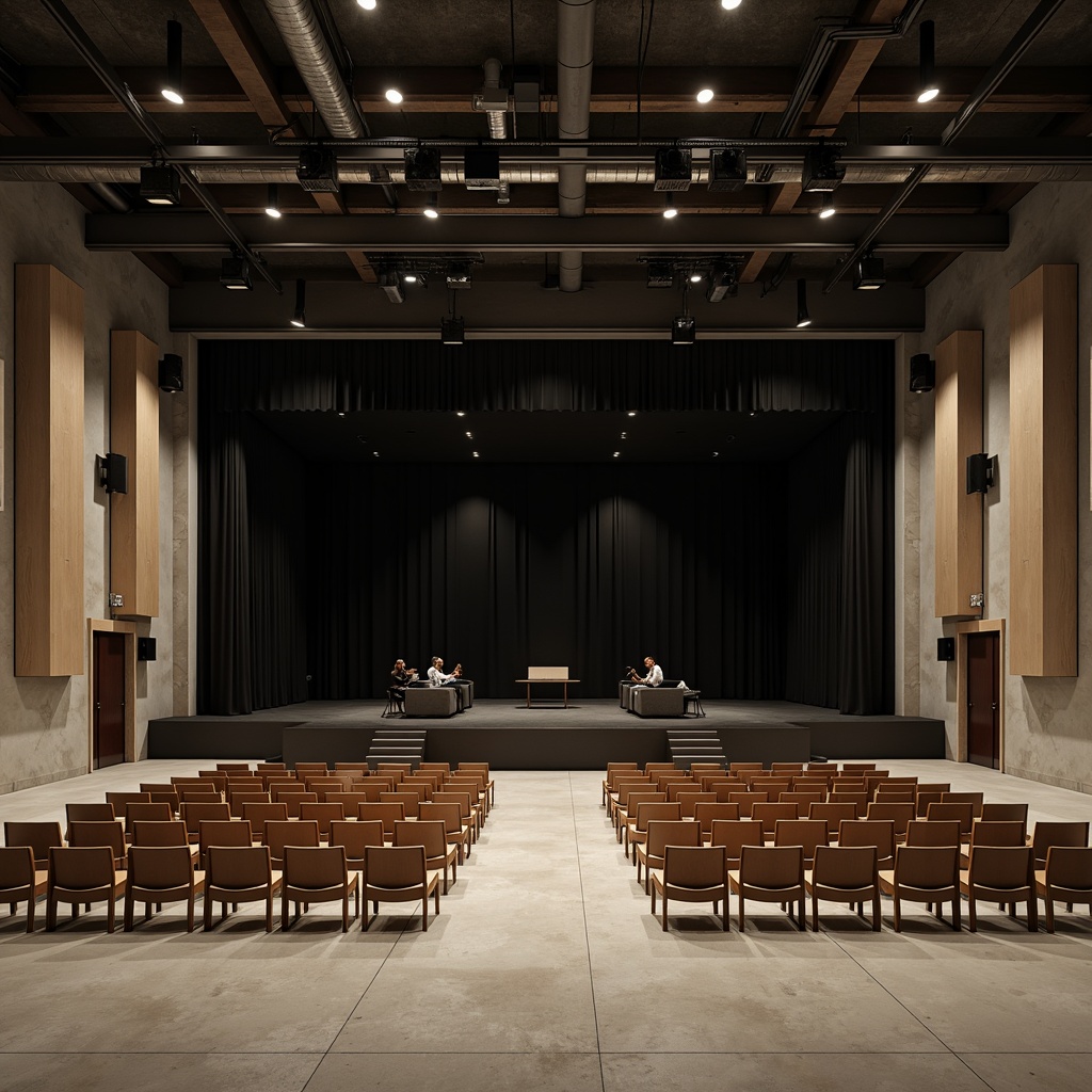 Prompt: Minimalist theater interior, concrete floors, industrial metal beams, exposed ductwork, simple wooden seats, sleek black stage, subtle LED lighting, dramatic spotlights, acoustic panels, sound-absorbing materials, neutral color palette, monochromatic tones, clean lines, minimal ornamentation, functional simplicity, urban loft atmosphere, high ceilings, open space, flexible seating arrangements, movable partitions, versatile performance areas, warm ambient glow, soft shadows, 1/1 composition, realistic textures, subtle reflections.