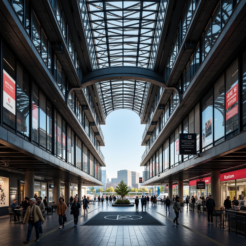 Prompt: Modern train station, steel framework, industrial aesthetic, exposed ductwork, metallic beams, sleek columns, high ceilings, grand entrance, bustling atmosphere, natural light pouring in, urban landscape, city skyline, busy streets, pedestrian traffic, vibrant advertisements, LED displays, futuristic ambiance, dynamic lighting, shallow depth of field, 1/2 composition, wide-angle lens, realistic reflections, ambient occlusion.