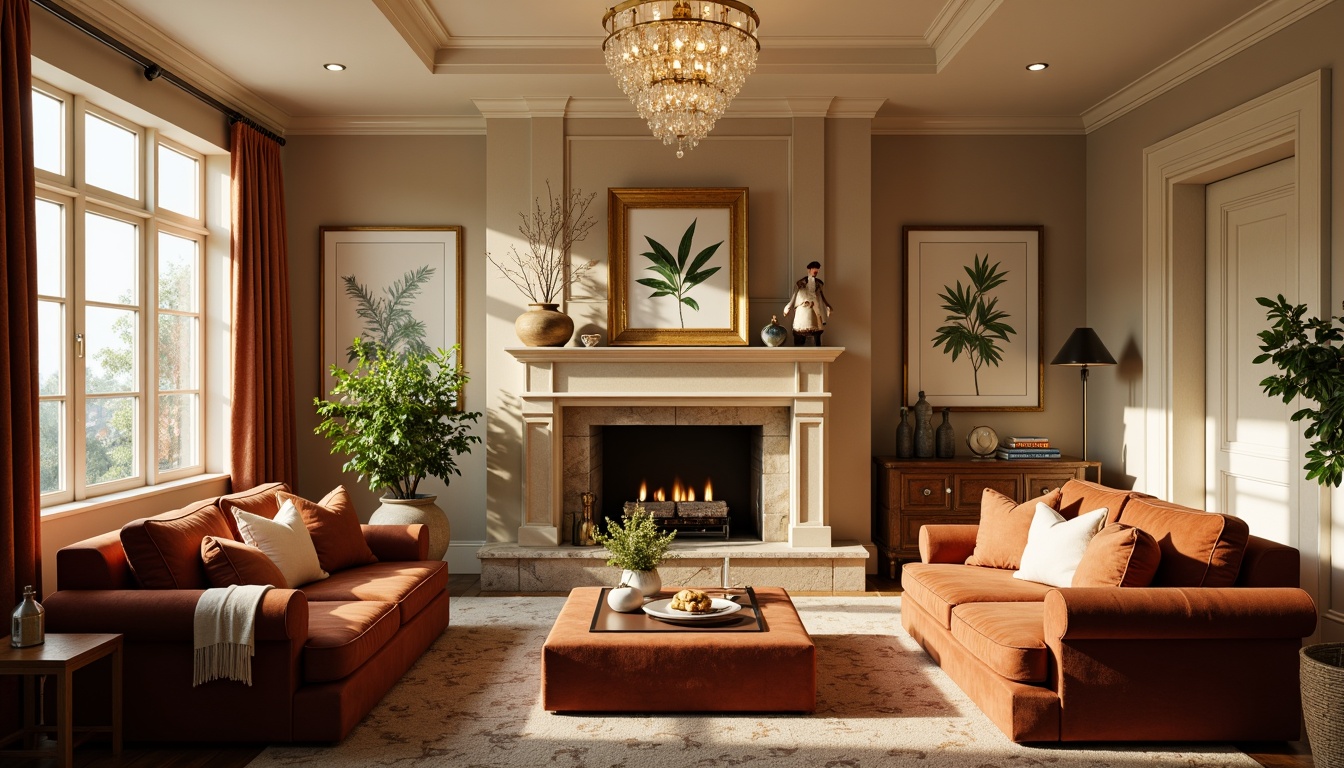 Prompt: Cozy living room, warm beige walls, rich walnut wood furniture, plush velvet sofas, soft golden lighting, natural stone fireplace, earthy terracotta accents, calming botanical prints, creamy white trim, elegant crystal chandeliers, inviting atmosphere, 1/1 composition, shallow depth of field, realistic textures, ambient occlusion.