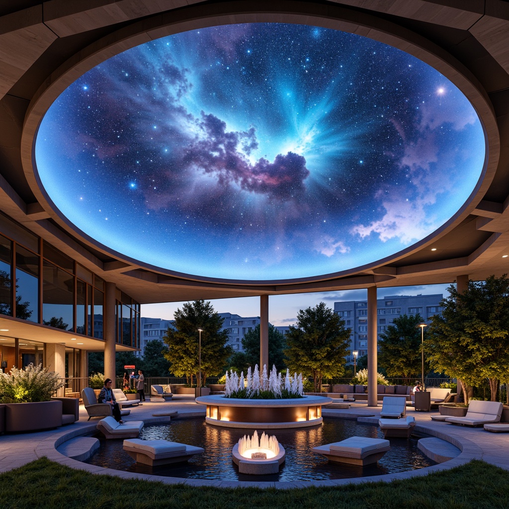 Prompt: Futuristic planetarium dome, geometric shapes, bold colors, minimalist design, sleek metal structures, angular lines, circular patterns, starry night sky, vibrant nebulae, 3D projection mapping, immersive experience, surround sound systems, comfortable seating areas, ambient lighting, soft warm glow, shallow depth of field, panoramic view, realistic textures, ambient occlusion, lush greenery, modern landscaping, curved walkways, futuristic outdoor furniture, innovative water features, dynamic fountain displays.