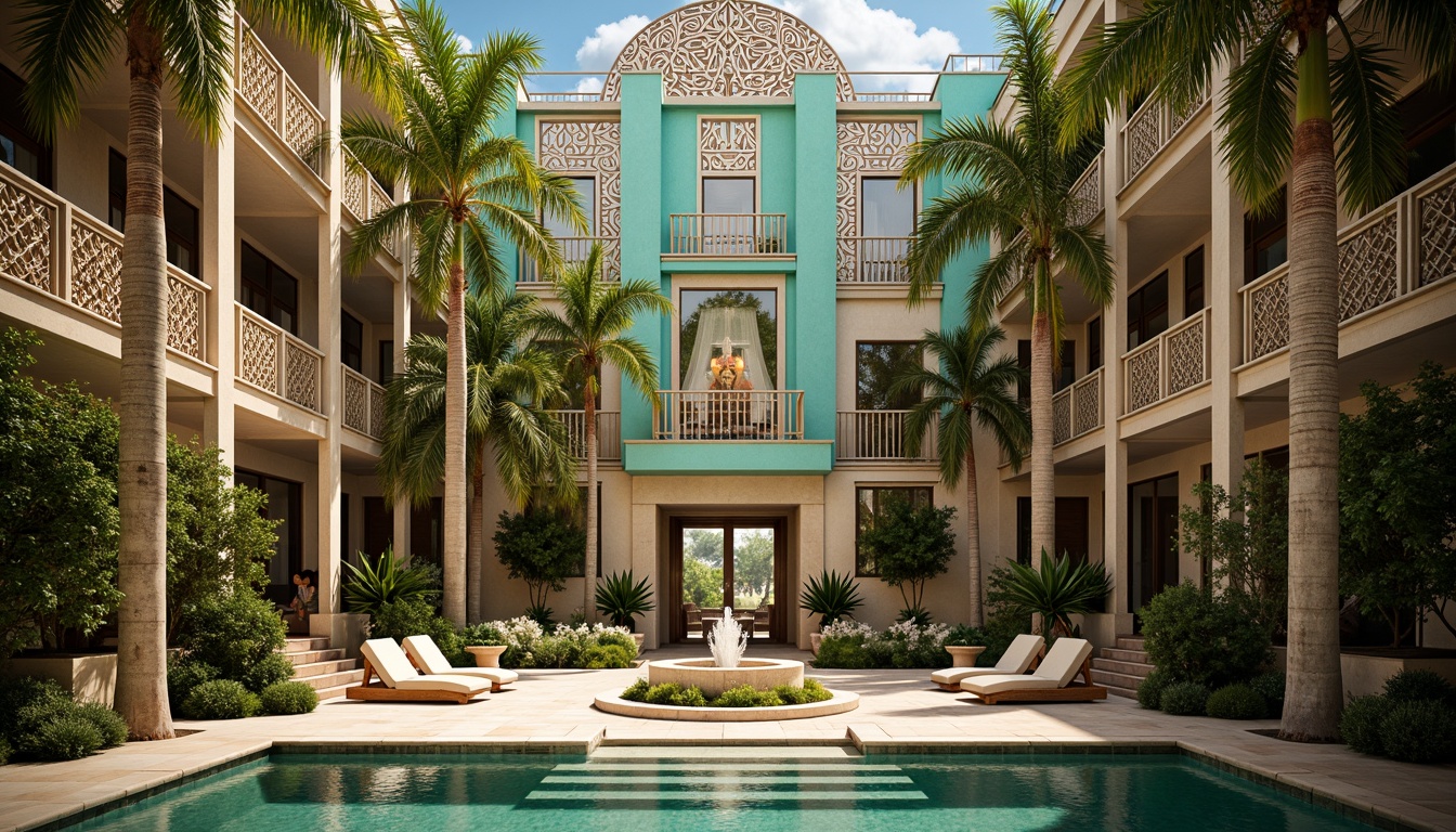 Prompt: Luxurious Art Deco building, ornate metalwork, geometric patterns, vibrant turquoise accents, lush greenery, tropical palm trees, sun-kissed courtyard, elegant fountain, grand staircase, opulent chandeliers, lavish textiles, metallic sheen, warm golden lighting, shallow depth of field, 1/1 composition, symmetrical framing, realistic reflections, ambient occlusion.