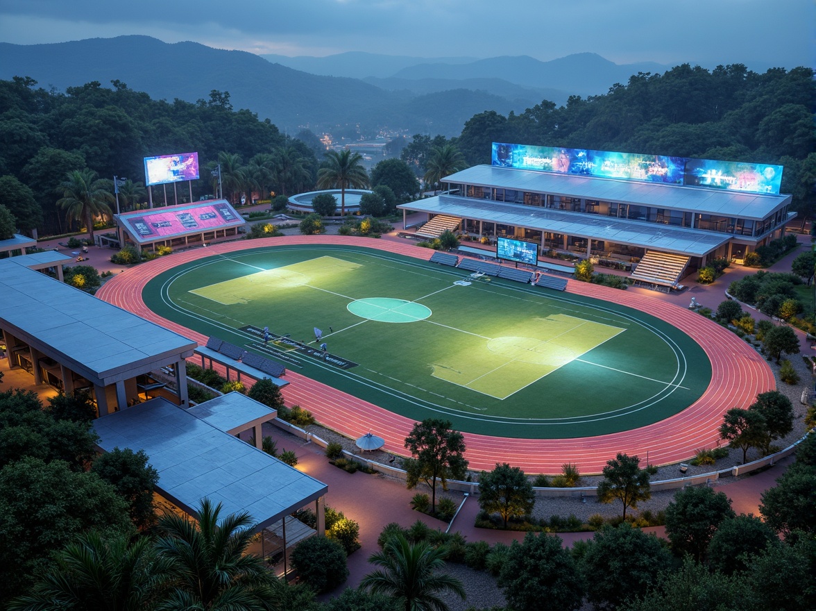 Prompt: Futuristic sports complex, undulating terrain, neon-lit athletic tracks, sleek metallic bleachers, holographic scoreboards, iridescent stadium roofs, glowing accents, vibrant LED lighting, misty atmospheric effects, shallow depth of field, 3/4 composition, panoramic view, realistic textures, ambient occlusion, lush greenery, tropical plants, palm trees, sandy pathways, winding water features, futuristic sculptures, abstract geometric patterns, dynamic kinetic architecture, wind-swept curves, aerodynamic lines.