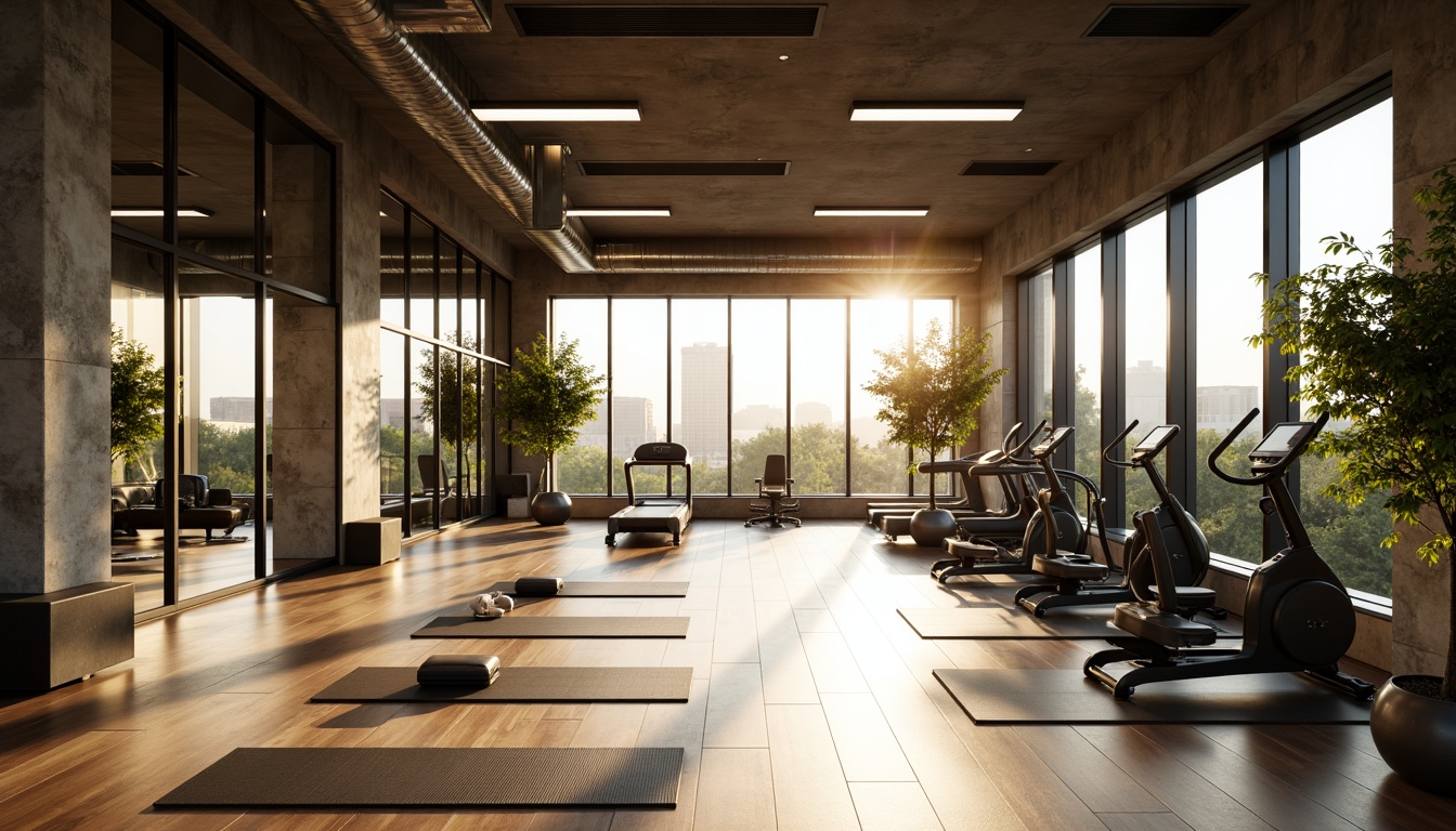 Prompt: Modern fitness studio, large windows, natural stone walls, wooden floors, mirrored surfaces, professional gym equipment, free weights, cardio machines, yoga mats, calm atmosphere, soft warm lighting, shallow depth of field, 3/4 composition, panoramic view, realistic textures, ambient occlusion, urban cityscape, morning sunlight, greenery views, minimalist decor, industrial chic style, exposed ductwork, polished concrete floors.