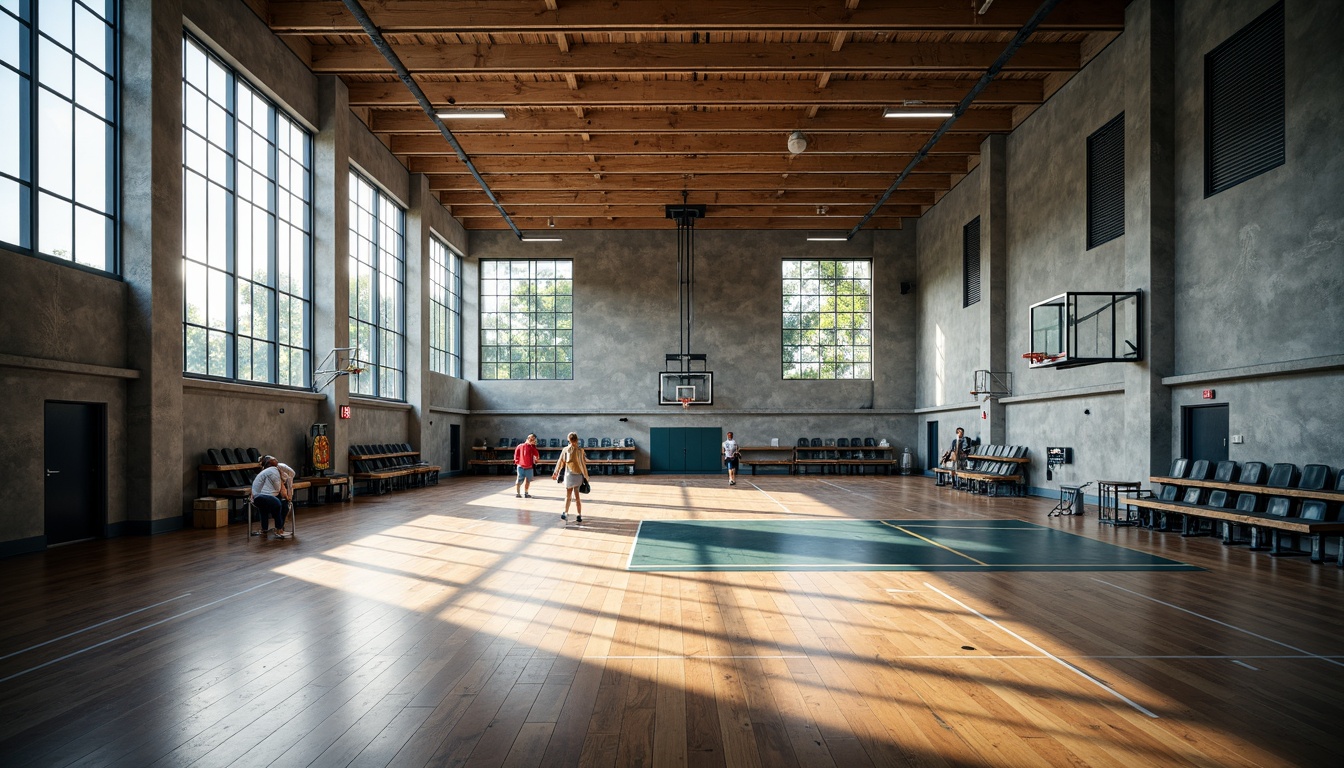 Prompt: Modern gymnasium interior, textured concrete walls, wooden flooring, metallic equipment, athletic tracks, basketball hoops, sports nets, spectator seating, natural light pouring in, large windows, industrial-style lighting, shallow depth of field, 1/1 composition, realistic textures, ambient occlusion, vibrant color accents, dynamic shadows, high-contrast lighting, dramatic atmosphere.