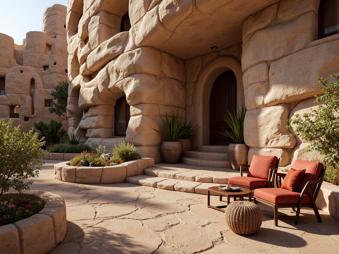 Prompt: Rustic sandstone walls, burgundy accent stones, earthy tones, natural textures, rugged landscape, desert flora, warm sunny day, soft diffused lighting, shallow depth of field, 1/2 composition, realistic rock formations, ambient occlusion, intricate stone carvings, ornate metal details, luxurious velvet fabrics, rich wood furnishings, cozy intimate spaces, dramatic archways, grand entrance halls.