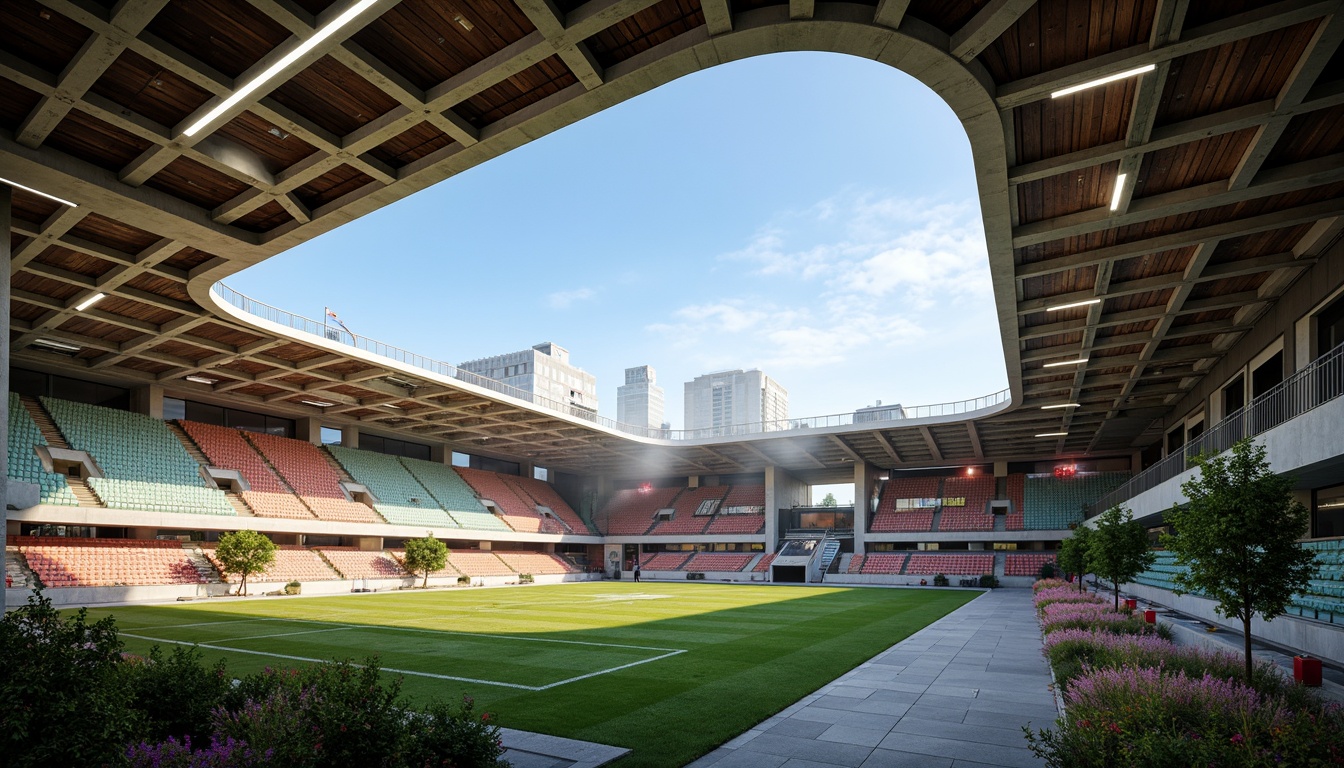 Prompt: Vibrant football stadium, social housing complex, brutalist architecture, exposed concrete structures, industrial metal beams, reclaimed wood accents, urban landscape, city skyline views, communal green spaces, public art installations, dynamic LED lighting, angular geometric forms, cantilevered balconies, corrugated metal cladding, raw concrete textures, atmospheric misting systems, 1/1 composition, dramatic low-angle shots, cinematic lighting effects.