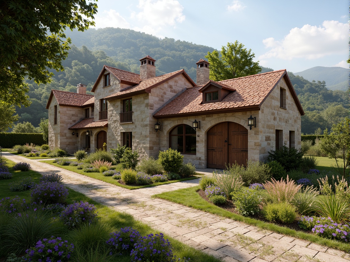 Prompt: Rustic rural cottage, symmetrical facade, ornate wooden doors, arched windows, stone walls, pitched roofs, clay tiles, vintage lanterns, lush greenery, blooming flowers, rolling hills, serene countryside, warm sunny day, soft natural lighting, shallow depth of field, 1/1 composition, realistic textures, ambient occlusion.