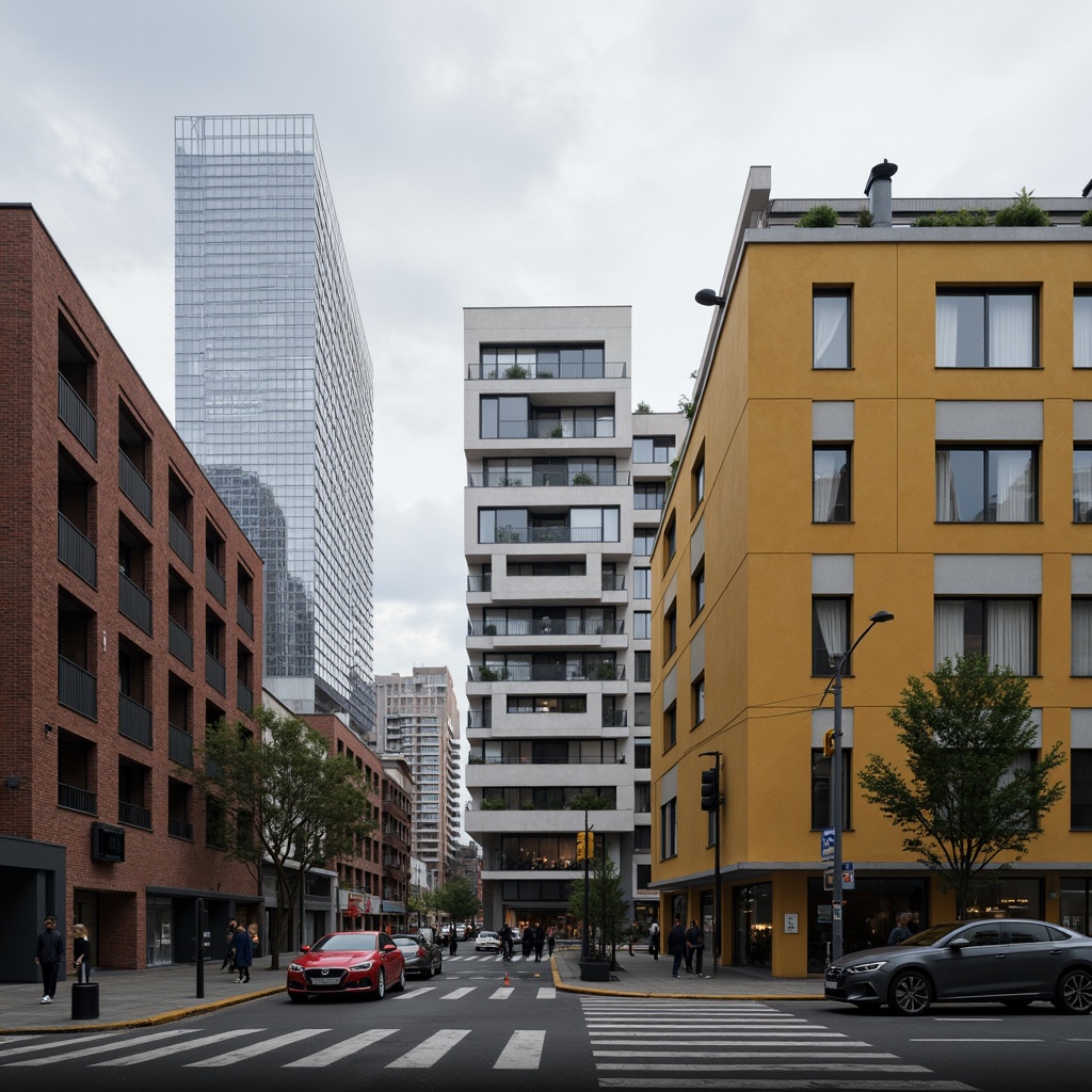 Prompt: Geometric facades, rectangular forms, primary color schemes, industrial materials, steel frames, glass windows, minimalist ornamentation, functional simplicity, urban cityscape, cloudy grey sky, dramatic shading, high contrast lighting, 1/1 composition, symmetrical balance, bold typography, abstract patterns, clean lines, modernist aesthetics, brutalist influences.