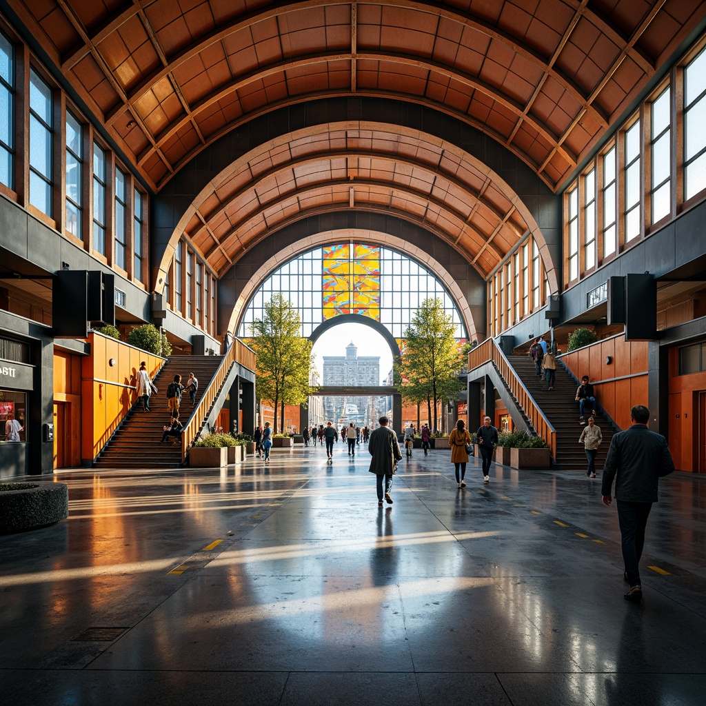 Prompt: Vibrant train station, expressionist architecture, bold geometric shapes, dynamic curves, abstract patterns, bright primary colors, metallic materials, industrial textures, grand entrance halls, sweeping staircases, dramatic lighting effects, urban cityscape, bustling streets, morning rush hour, soft warm glow, shallow depth of field, 1/1 composition, cinematic view, realistic reflections, ambient occlusion.