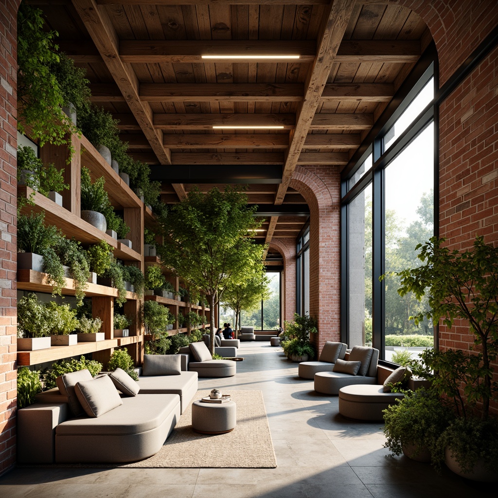 Prompt: Exposed brick walls, reclaimed wood accents, industrial metal beams, organic curved lines, earthy color palette, natural stone flooring, lush greenery, living walls, modern minimalist decor, cozy reading nooks, floor-to-ceiling windows, soft warm lighting, shallow depth of field, 3/4 composition, panoramic view, realistic textures, ambient occlusion.