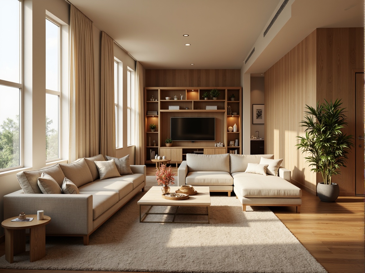 Prompt: Cozy living room, comfortable sofas, warm beige walls, wooden flooring, large windows, natural light, soft curtains, minimalist decor, functional shelving units, modern coffee table, plush area rug, ambient lighting, 1/1 composition, shallow depth of field, realistic textures, warm color palette, inviting atmosphere, ergonomic furniture arrangement, optimized traffic flow, ample storage spaces, cleverly hidden appliances.