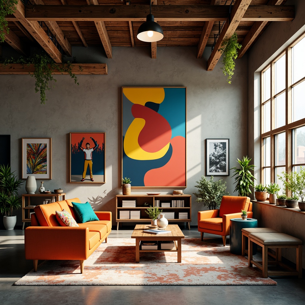 Prompt: Vibrant art studio, eclectic furniture, abstract artwork, bold color blocking, contrasting textures, rich wood accents, industrial metal frames, modern minimalist decor, natural light pouring in, soft warm glow, 3/4 composition, shallow depth of field, realistic renderings, ambient occlusion.