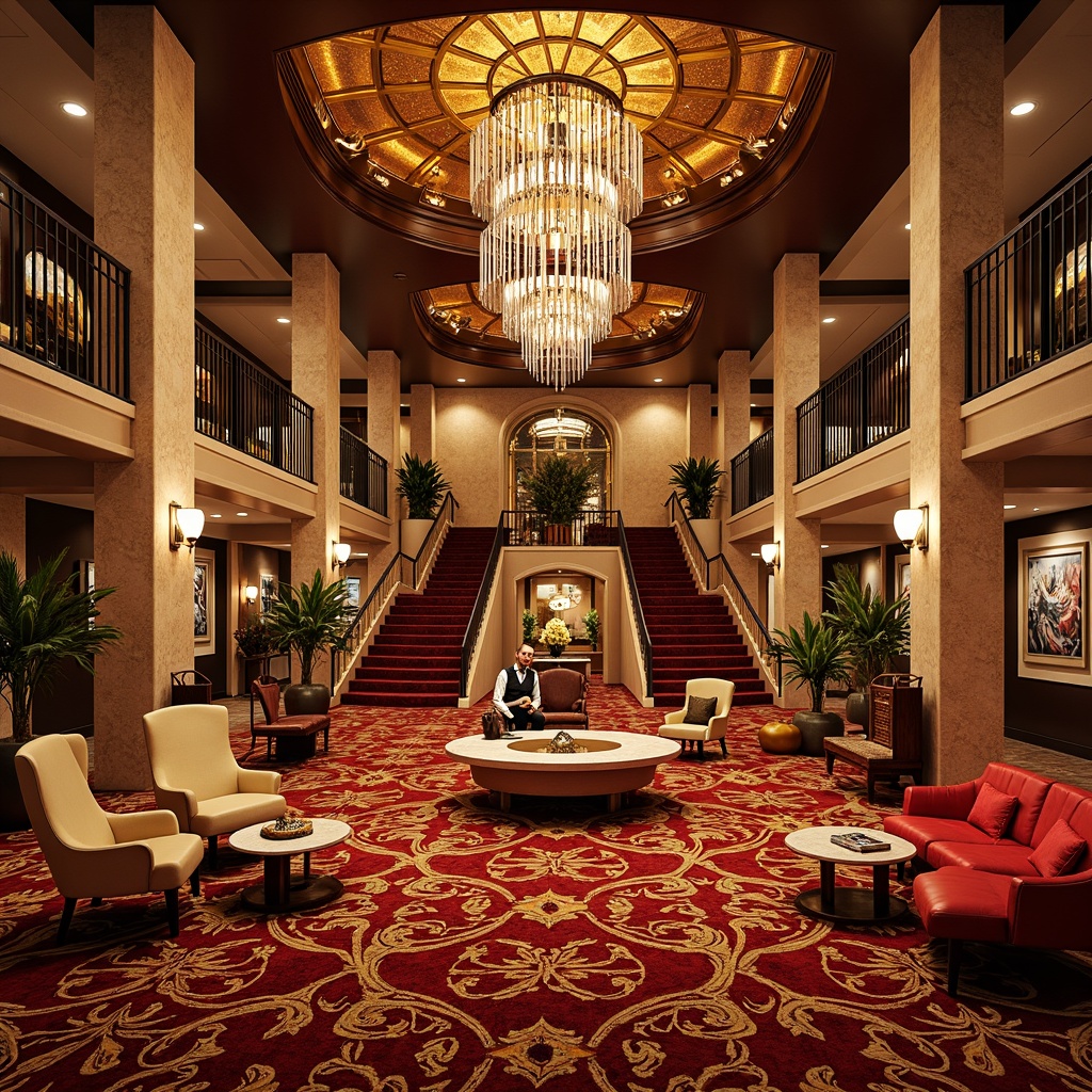 Prompt: Vibrant casino interior, luxurious textiles, bold geometric patterns, rich velvet fabrics, metallic accents, ornate chandeliers, grand staircases, lavish furnishings, opulent decorations, warm golden lighting, shallow depth of field, 1/1 composition, realistic textures, ambient occlusion, regionalist architectural style, curved lines, ornate details, Mediterranean-inspired design, warm earthy tones, rustic stone walls, wooden accents, intricate mosaics.