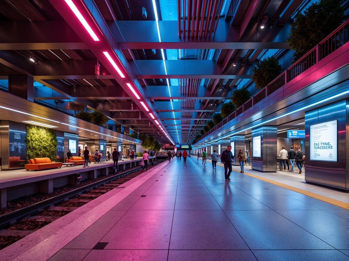 Prompt: Vibrant metro station, sleek modern architecture, gleaming steel beams, polished marble floors, futuristic LED lighting, dynamic color-changing effects, high-contrast ambient occlusion, shallow depth of field, 3/4 composition, panoramic view, realistic textures, bustling urban atmosphere, rush hour crowds, busy commuters, modern signage systems, electronic displays, wayfinding graphics, comfortable seating areas, green walls, natural stone accents, warm and inviting ambiance, soft warm lighting, dramatic spotlights.