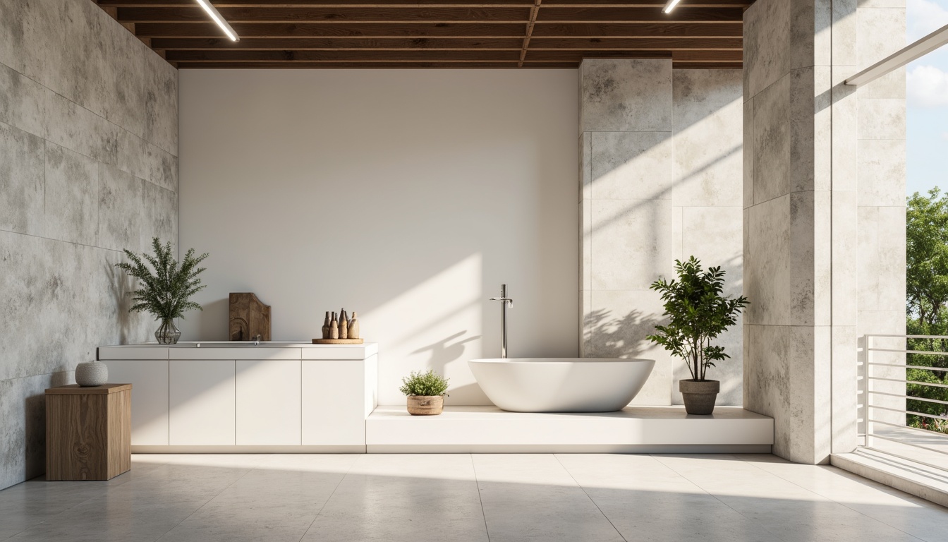 Prompt: Monochromatic minimalism, clean lines, simple shapes, neutral tones, soft whites, creamy beiges, pale grays, industrial materials, concrete walls, steel beams, wooden accents, natural textures, subtle patterns, ambient lighting, soft shadows, 1/1 composition, realistic renderings, atmospheric perspective.