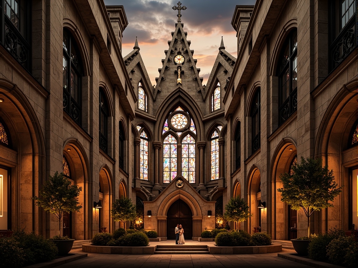 Prompt: Gothic church facade, asymmetrical composition, fragmented forms, abstract geometries, bold color contrasts, textured stone walls, stained glass windows, intricate metalwork, ornate doorways, dramatic arches, pointed spires, mystical ambiance, warm golden lighting, high-contrast shadows, 1/2 composition, low-angle shot, cinematic atmosphere, detailed textures, ambient occlusion.