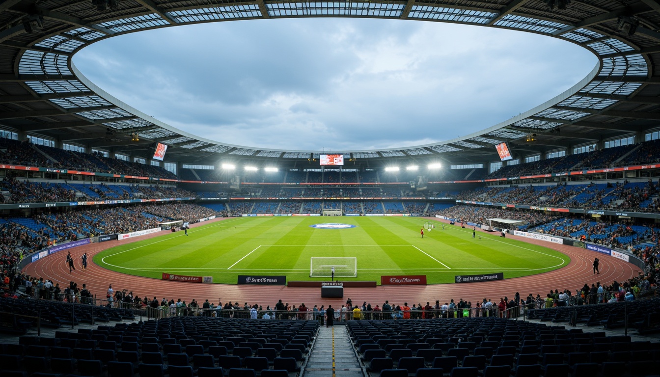 Prompt: Soccer stadium, grandstand seating, lush green grass, athletic track, goalposts, scoreboard displays, floodlighting, evening atmosphere, misty ambient lighting, shallow depth of field, 1/2 composition, symmetrical architecture, curved lines, modern materials, steel beams, concrete foundations, cantilevered roofs, open-air design, urban landscape, cityscape views, vibrant crowd atmosphere, dynamic camera movements.