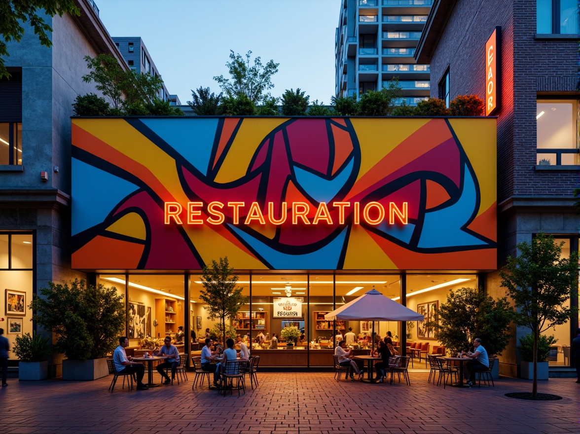 Prompt: Vibrant restaurant facade, expressionist architecture, bold geometric shapes, bright primary colors, abstract patterns, irregular forms, dynamic lighting effects, neon signs, metallic accents, industrial materials, exposed ductwork, urban cityscape, bustling streets, evening atmosphere, warm golden lighting, shallow depth of field, 1/1 composition, dramatic shadows, high-contrast textures.