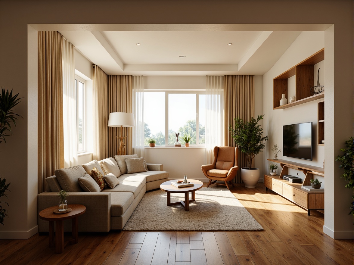 Prompt: Cozy living room, comfortable sofas, warm beige walls, wooden flooring, large windows, natural light, soft curtains, minimalist decor, functional shelving units, modern coffee table, plush area rug, ambient lighting, 1/1 composition, shallow depth of field, realistic textures, warm color palette, inviting atmosphere, ergonomic furniture arrangement, optimized traffic flow, ample storage spaces, cleverly hidden appliances.