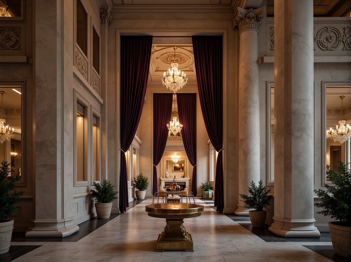 Prompt: Elegant neoclassical building, ornate stone carvings, smooth marble columns, intricate moldings, luxurious velvet drapes, rich wood paneling, polished bronze fixtures, crystal chandeliers, subtle gradient lighting, soft focus blur, 1/2 composition, symmetrical framing, realistic reflections, ambient occlusion.