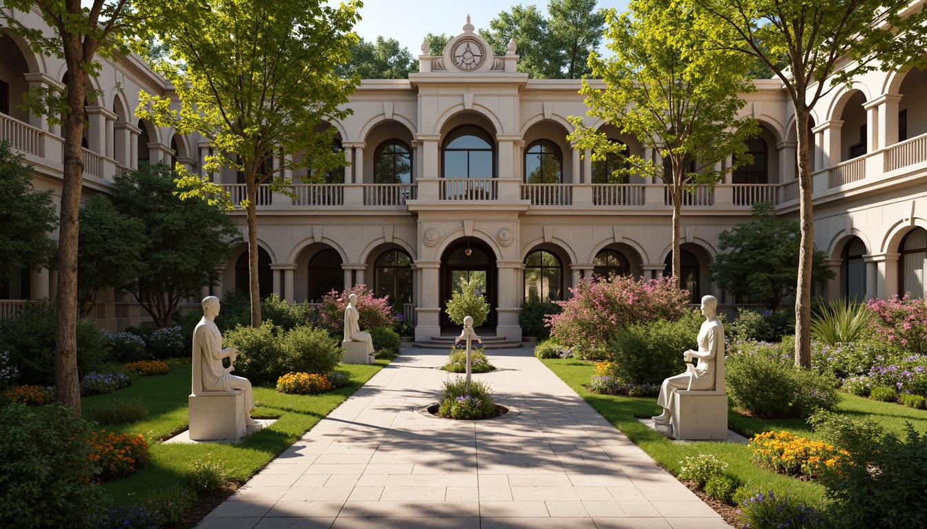 Prompt: Renaissance-style library, grand entrance, ornate stone carvings, symmetrical gardens, manicured lawns, walking paths, ornamental fountains, statues, lanterns, seasonal flower arrangements, lush greenery, vibrant blooming flowers, tranquil atmosphere, soft natural lighting, warm afternoon sun, 1/2 composition, shallow depth of field, realistic textures, ambient occlusion.