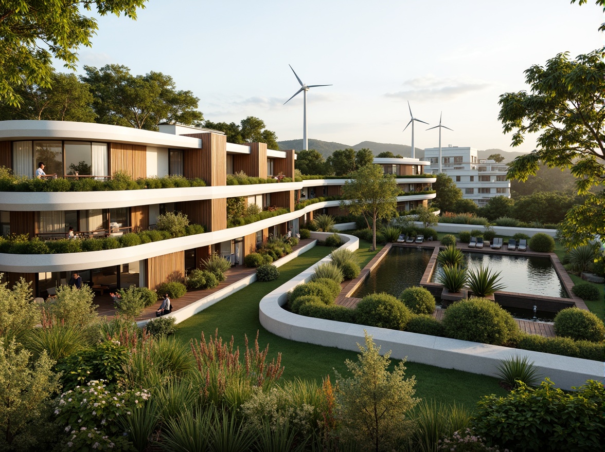 Prompt: Eco-friendly buildings, green roofs, solar panels, wind turbines, rainwater harvesting systems, recycled materials, low-carbon footprint, energy-efficient systems, natural ventilation, passive design strategies, organic shapes, earthy tones, living walls, vertical gardens, bamboo facades, reclaimed wood accents, minimalist decor, abundant natural light, soft warm ambiance, shallow depth of field, 3/4 composition, panoramic view, realistic textures, ambient occlusion.