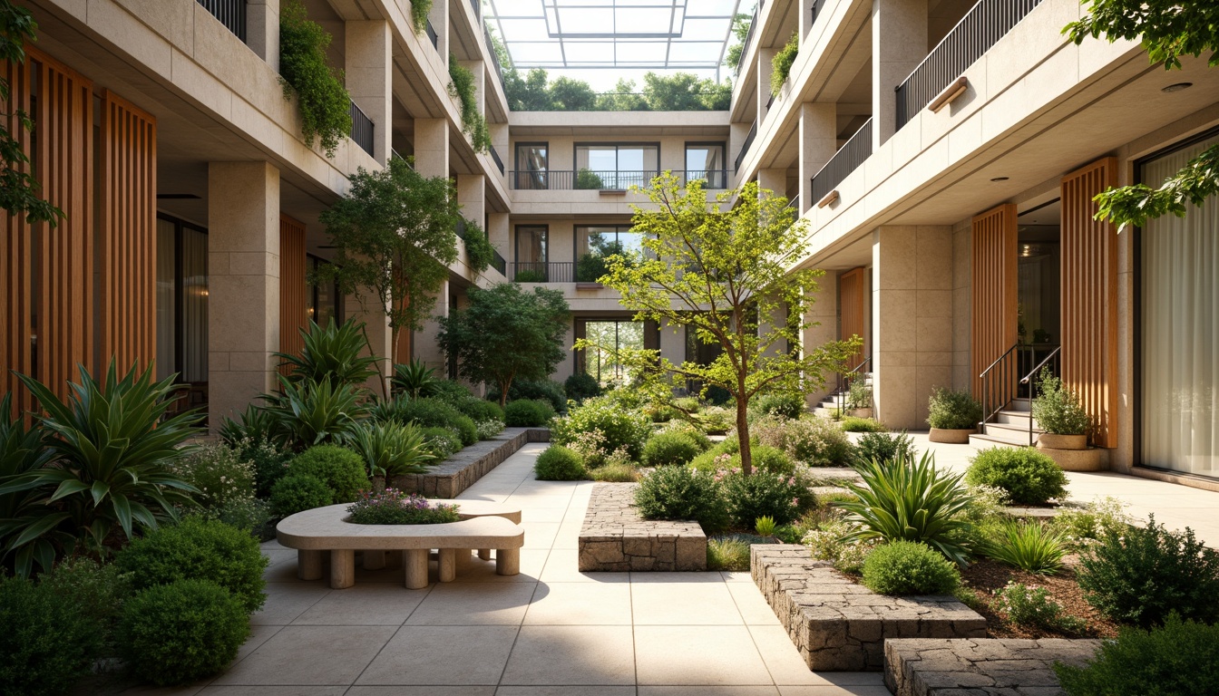 Prompt: Vibrant atrium, lush greenery, natural stone walls, wooden accents, floor-to-ceiling windows, clerestory windows, skylights, open spaces, minimalist decor, warm beige tones, soft diffused lighting, indirect sunlight, ambient shadows, 1/1 composition, realistic textures, subtle color palette, serene atmosphere, peaceful ambiance, organic forms, sustainable materials, eco-friendly design.