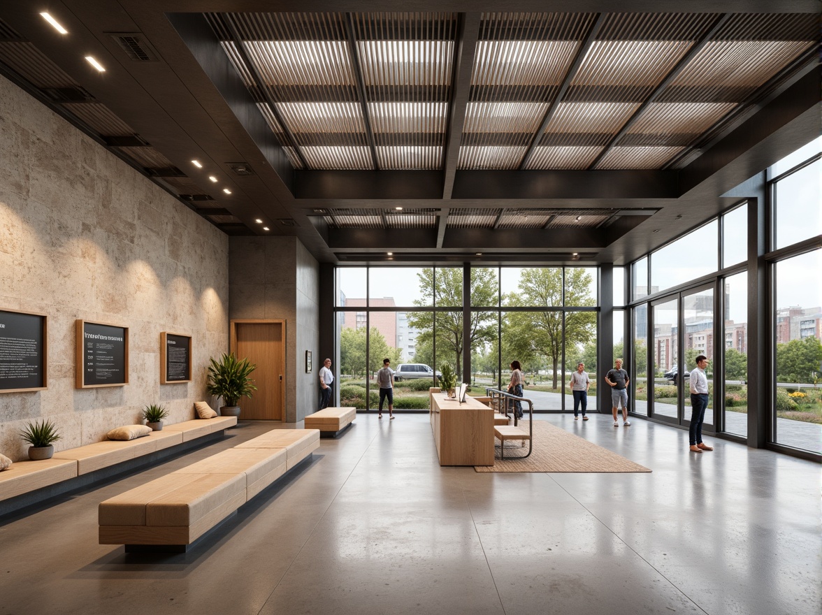 Prompt: Minimalist visitor center, natural stone walls, polished concrete floors, wooden accents, industrial metal beams, large glass windows, transparent roofs, open spaces, simple signage, subtle branding, earthy color palette, soft diffused lighting, shallow depth of field, 1/1 composition, realistic textures, ambient occlusion.