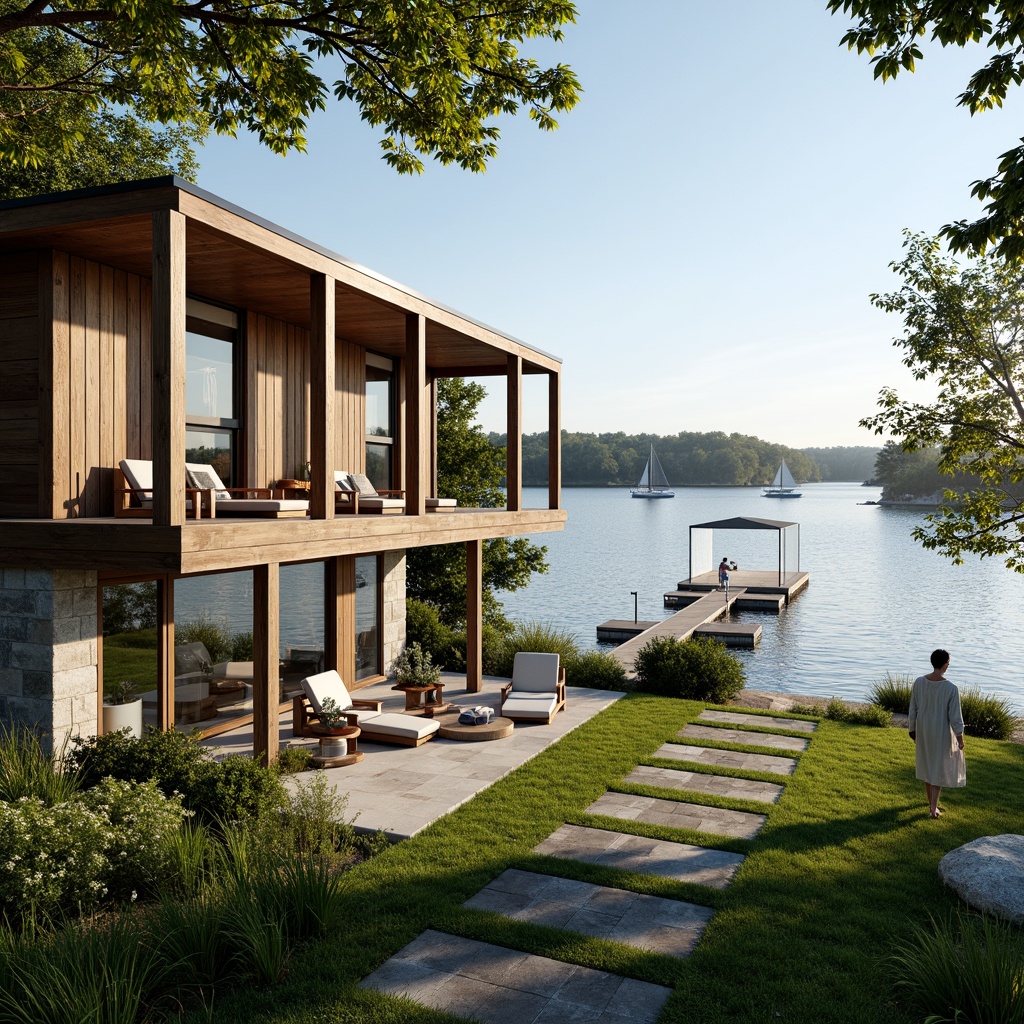 Prompt: Lakefront villa, serene water views, lush greenery, wooden docks, sailboats, calm lake surface, warm sunny day, soft natural lighting, shallow depth of field, 3/4 composition, panoramic view, realistic textures, ambient occlusion, modern minimalist architecture, large windows, sliding glass doors, outdoor living spaces, comfortable furniture, nature-inspired color palette, rustic wood accents, stone pathways, scenic walking trails.