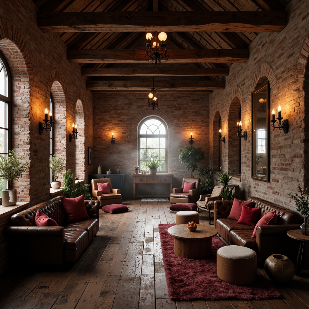 Prompt: Rustic loft interior, exposed brick walls, vaulted ceilings, wooden beams, ornate Gothic arches, textured stone surfaces, distressed wood floors, rich velvet fabrics, luxurious leather upholstery, warm candlelight, dramatic shadows, atmospheric misting, 1/1 composition, shallow depth of field, realistic textures, ambient occlusion.