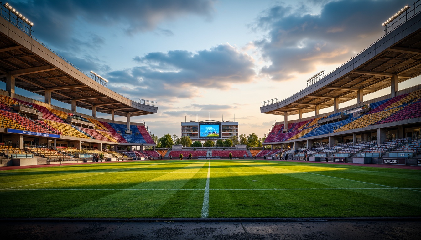 Prompt: Grandstand seating, cantilevered roofs, steel beams, concrete columns, vibrant team colors, dynamic lighting systems, lush green grass, athletic track, scoreboard displays, stadium floodlights, evening atmosphere, warm golden lighting, shallow depth of field, 3/4 composition, panoramic view, realistic textures, ambient occlusion.