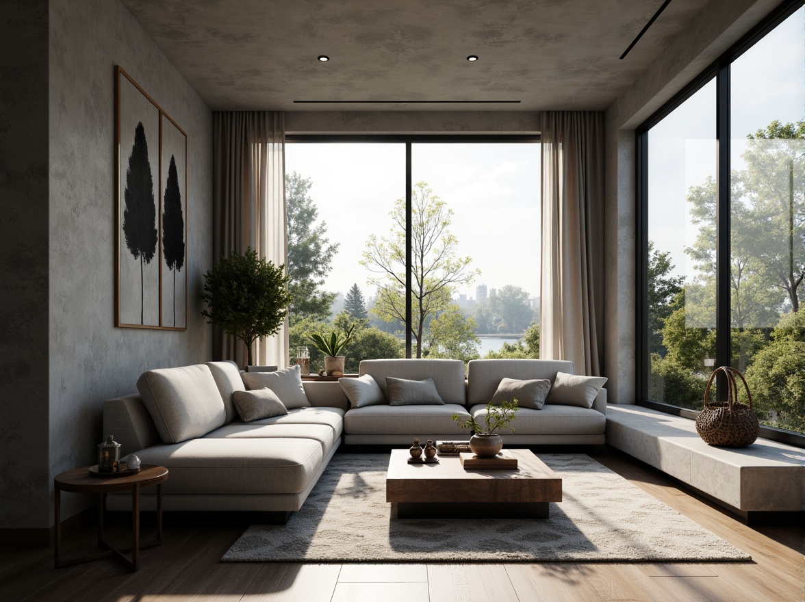 Prompt: Modern living room, minimalist decor, sleek lines, monochromatic color scheme, floor-to-ceiling windows, natural light pouring in, comfortable seating area, plush sofas, geometric-patterned rugs, industrial-chic coffee table, greenery accents, ambient lighting, soft warm glow, shallow depth of field, 3/4 composition, panoramic view, realistic textures, ambient occlusion.