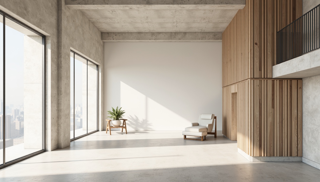 Prompt: Monochromatic minimalism, clean lines, simple shapes, neutral tones, soft whites, creamy beiges, pale grays, industrial materials, concrete walls, steel beams, wooden accents, natural textures, subtle patterns, ambient lighting, soft shadows, 1/1 composition, realistic renderings, atmospheric perspective.