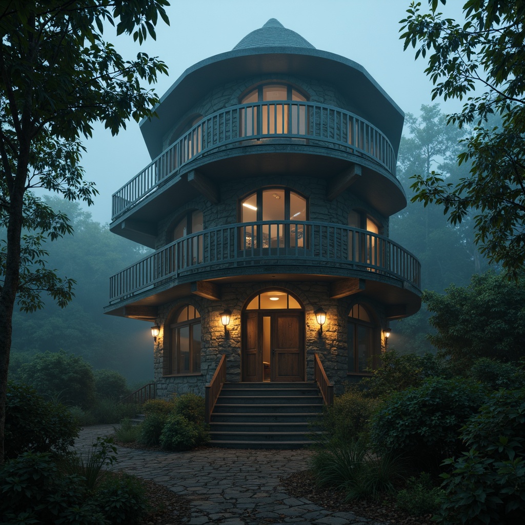 Prompt: Mysterious watchtower, ancient stone walls, worn wooden doors, mystical lanterns, foggy misty atmosphere, eerie twilight, warm golden lighting, soft mysterious shadows, intricate stonework patterns, rugged natural textures, weathered wooden accents, moss-covered roofs, overgrown vegetation, abandoned forgotten feel, cinematic dramatic mood, low-key mysterious color tone, 1/2 composition, atmospheric perspective, subtle depth of field.