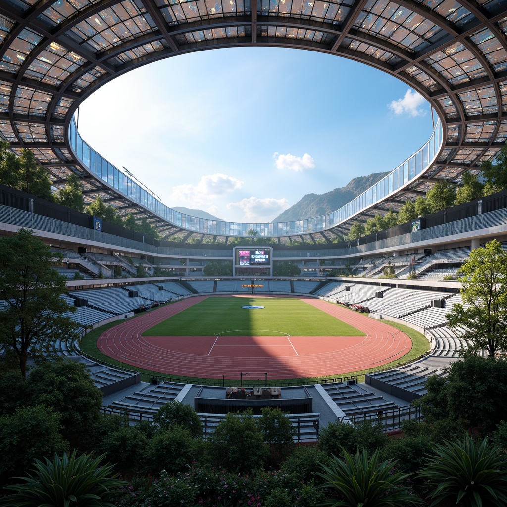 Prompt: Futuristic sports complex, undulating terrain, neon-lit athletic tracks, sleek metallic bleachers, holographic scoreboards, iridescent stadium roofs, glowing accents, vibrant LED lighting, misty atmospheric effects, shallow depth of field, 3/4 composition, panoramic view, realistic textures, ambient occlusion, lush greenery, tropical plants, palm trees, sunny day, warm soft focus, dynamic camera movements.