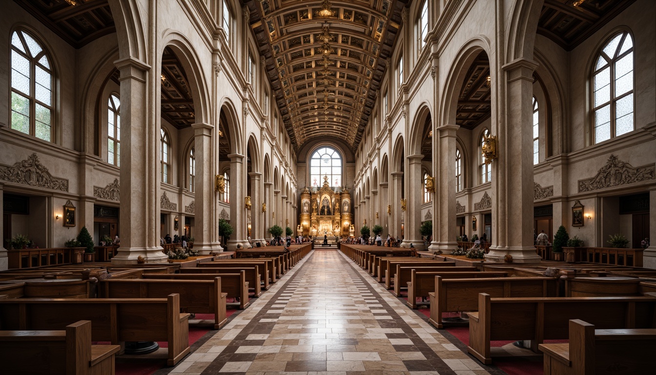 Prompt: Grandiose church facade, ornate stone carvings, majestic columns, intricately patterned marble floors, vaulted ceilings, stained glass windows, richly toned wooden pews, gilded altarpieces, solemn statues, elegant archways, symmetrical composition, warm soft lighting, subtle shading, realistic textures, ambient occlusion.