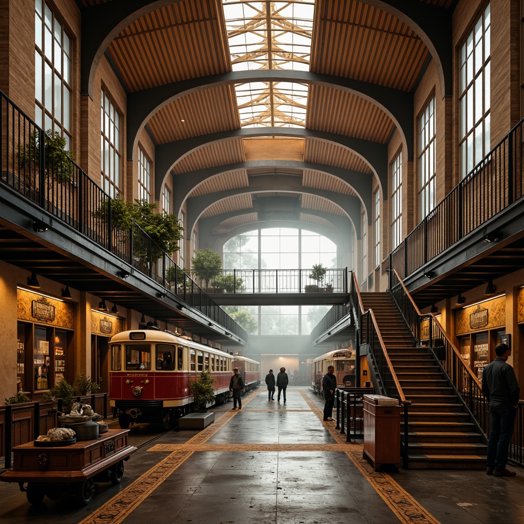 Prompt: Vibrant train station, expressionist architecture, bold geometric shapes, contrasting colors, warm golden lighting, industrial metal beams, distressed brick walls, ornate ironwork, grand staircases, intricate mosaics, eclectic art deco patterns, rich wood accents, vintage luggage carts, nostalgic steam engine details, atmospheric foggy day, dramatic shadows, cinematic low-angle shot, 1/2 composition, moody warm color grading, realistic textures, ambient occlusion.