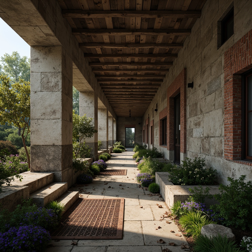 Prompt: Rough stone walls, weathered wooden planks, rusty metal grates, worn concrete floors, peeling paint, faded murals, distressed brick facades, aged copper accents, moss-covered statues, overgrown gardens, misty atmospheric effects, soft warm lighting, shallow depth of field, 3/4 composition, realistic textures, ambient occlusion.