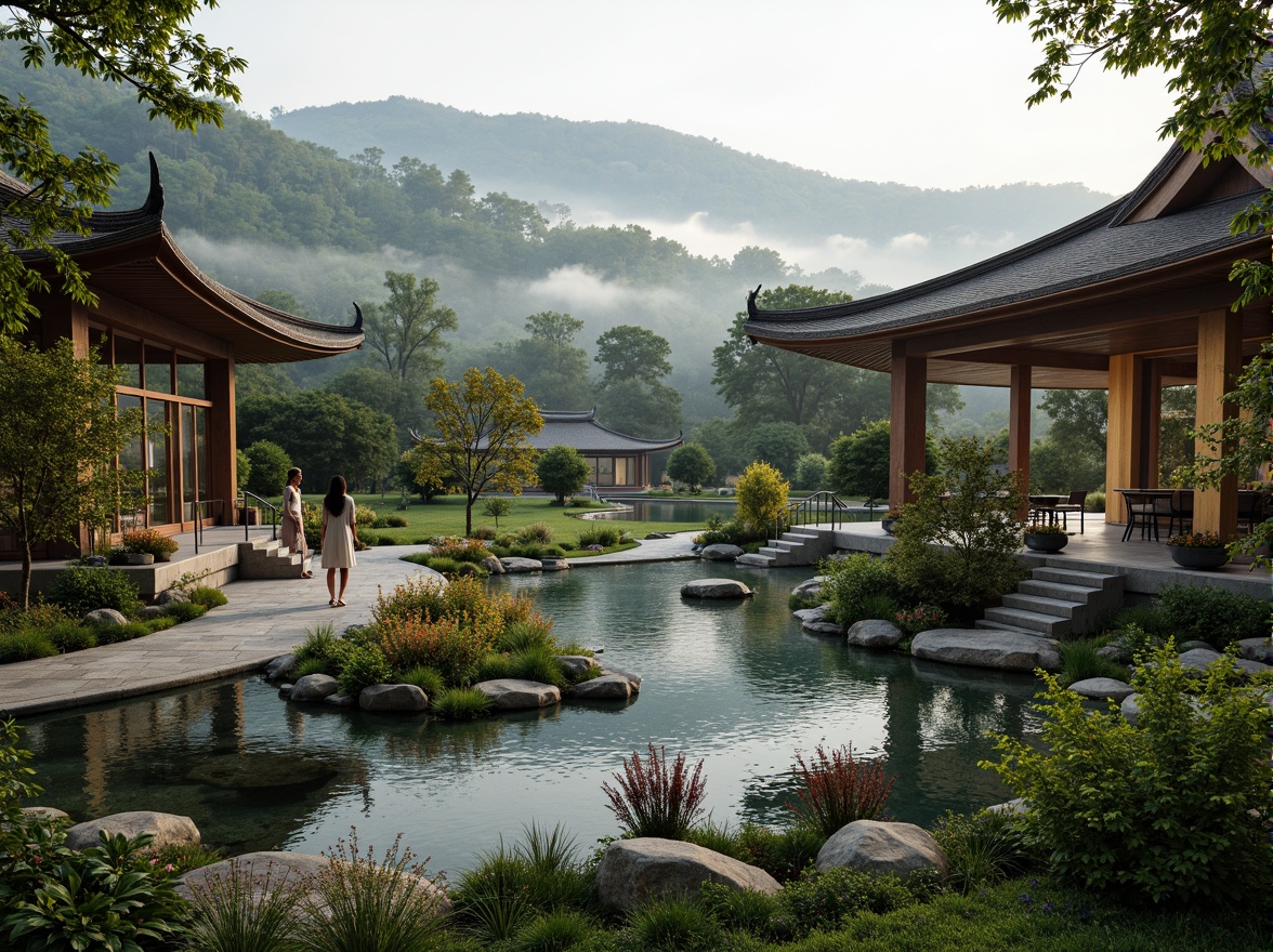 Prompt: Serenity-filled Buddhist temple, lush greenery, tranquil water features, natural stone walls, curved roofs, vibrant flowers, peaceful courtyard, intricate carvings, golden accents, soft warm lighting, shallow depth of field, 3/4 composition, panoramic view, realistic textures, ambient occlusion, misty morning atmosphere, gentle fog effects, subtle color palette, harmonious integration with surrounding landscape, rolling hills, meandering paths, rustic wooden bridges, serene forest surroundings.