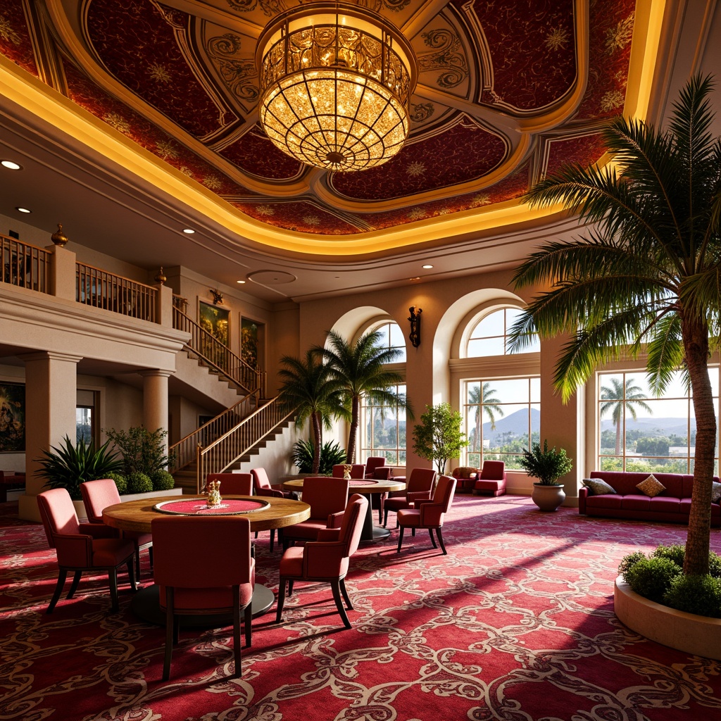 Prompt: Vibrant casino interior, luxurious textiles, bold geometric patterns, rich velvet fabrics, metallic accents, ornate chandeliers, grand staircases, lavish furnishings, opulent decorations, warm golden lighting, dramatic spotlights, shallow depth of field, 1/1 composition, realistic textures, ambient occlusion, regionalist architectural style, curved lines, ornate details, Mediterranean-inspired design, sun-kissed exterior, palm trees, warm desert landscape.