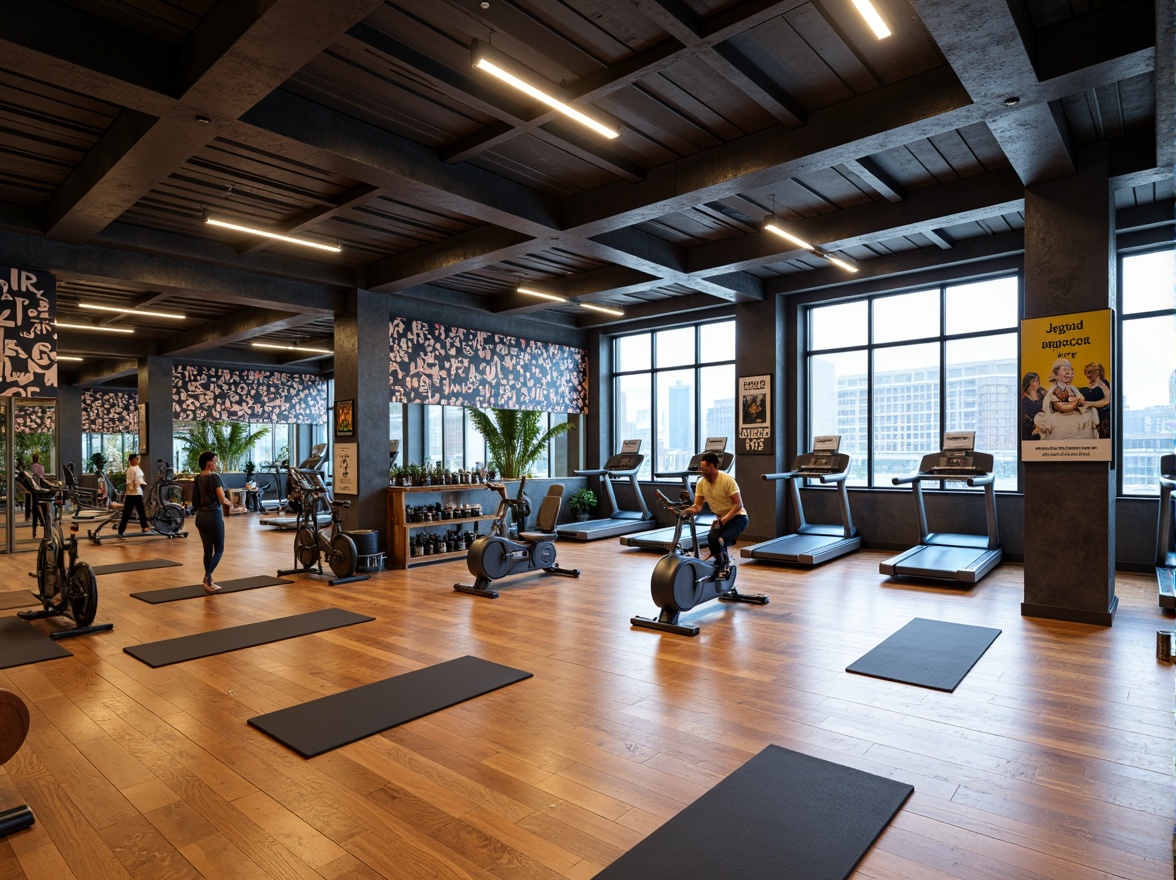 Prompt: Modern fitness studio, sleek wooden floors, mirrored walls, high ceilings, industrial lighting, motivational quotes, state-of-the-art equipment, free weights, treadmills, exercise bikes, yoga mats, resistance bands, sound systems, energetic color scheme, functional layout, open spaces, private training areas, floor-to-ceiling windows, natural light, urban views, 1/1 composition, shallow depth of field, realistic textures, ambient occlusion.