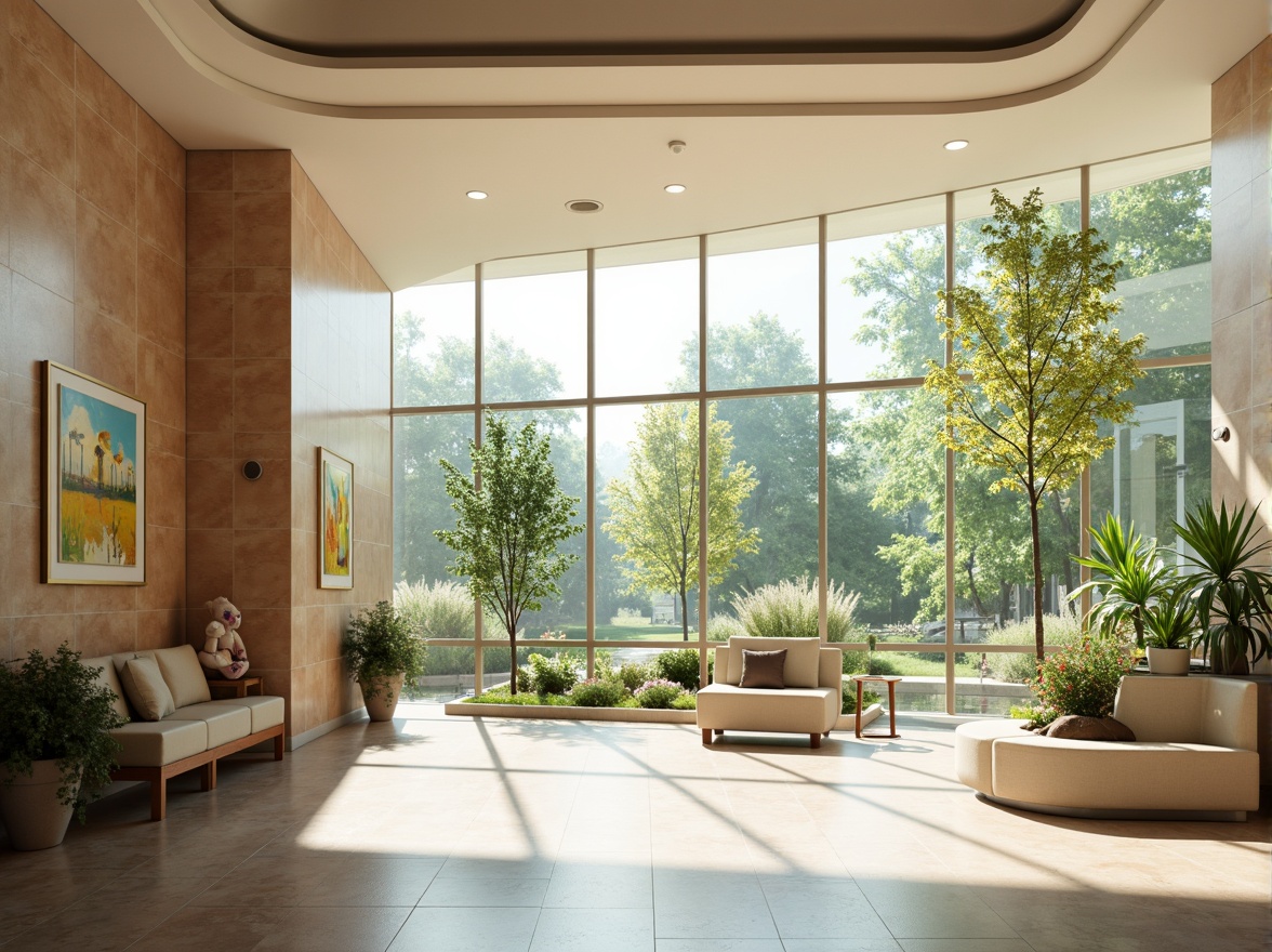 Prompt: Serene hospital interior, abundant natural light, floor-to-ceiling windows, greenery views, calming atmosphere, warm wood accents, soft pastel colors, gentle curves, minimalist decor, comfortable seating areas, quiet reading nooks, soothing water features, peaceful artwork, natural stone flooring, warm beige walls, modern medical equipment, sleek metal fixtures, subtle ambient lighting, shallow depth of field, 1/1 composition, realistic textures, ambient occlusion.